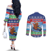 New Zealand Christmas Couples Matching Off The Shoulder Long Sleeve Dress and Long Sleeve Button Shirt Funny Jet Ride Kiwi Xmas LT05 - Polynesian Pride