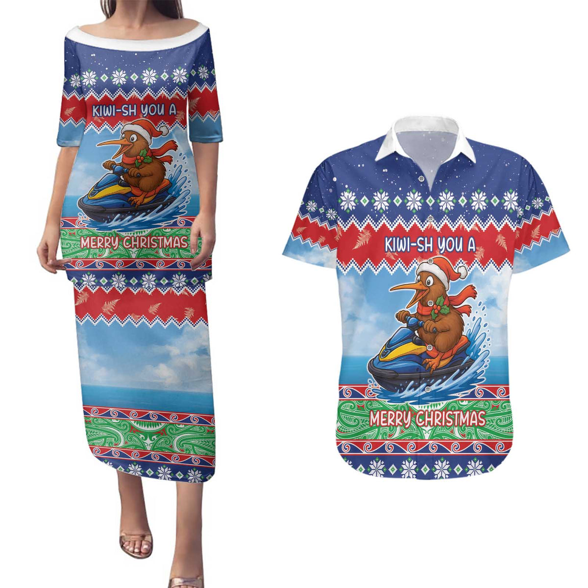 New Zealand Christmas Couples Matching Puletasi and Hawaiian Shirt Funny Jet Ride Kiwi Xmas LT05 Blue - Polynesian Pride