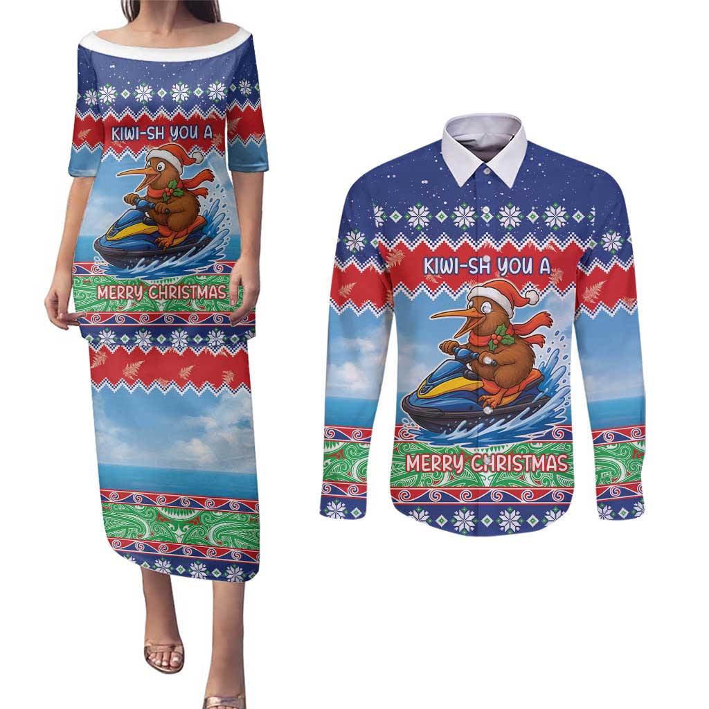 New Zealand Christmas Couples Matching Puletasi and Long Sleeve Button Shirt Funny Jet Ride Kiwi Xmas LT05 Blue - Polynesian Pride
