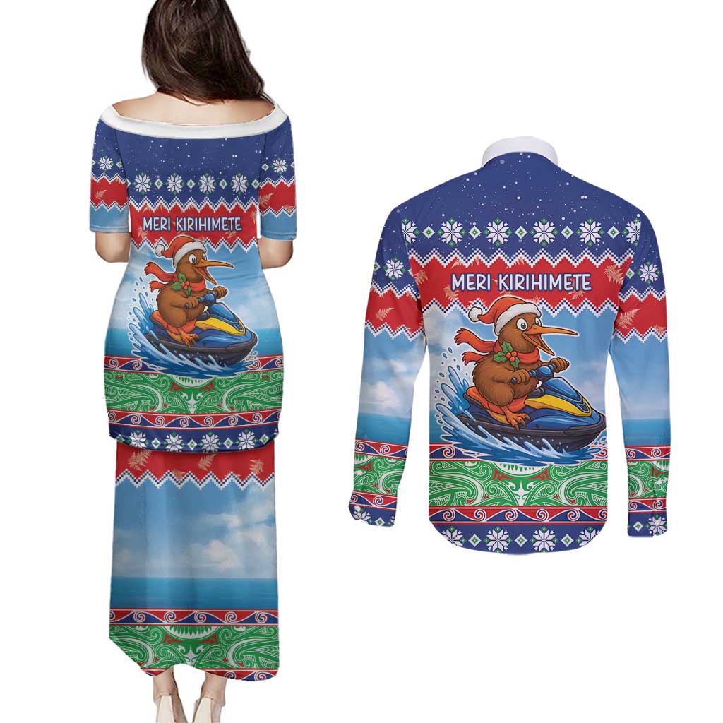 New Zealand Christmas Couples Matching Puletasi and Long Sleeve Button Shirt Funny Jet Ride Kiwi Xmas LT05 - Polynesian Pride