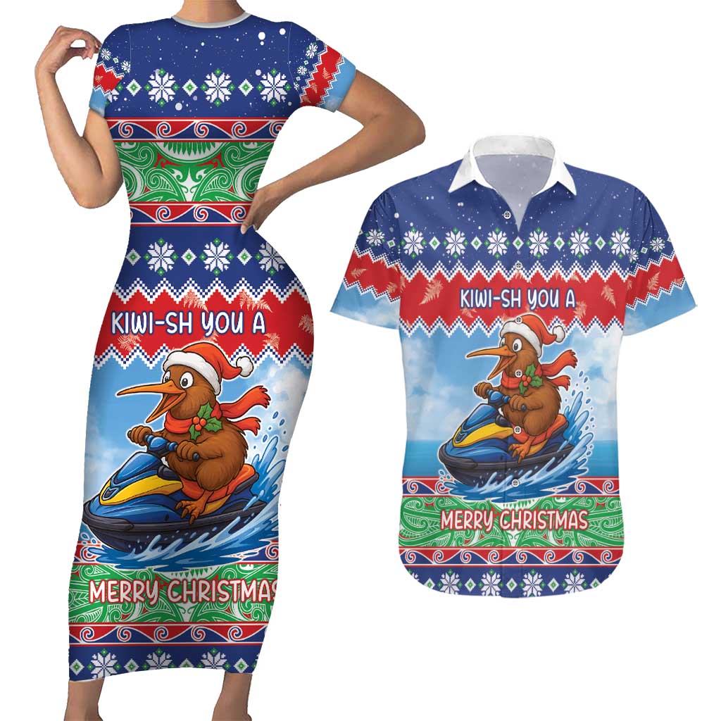 New Zealand Christmas Couples Matching Short Sleeve Bodycon Dress and Hawaiian Shirt Funny Jet Ride Kiwi Xmas LT05 Blue - Polynesian Pride
