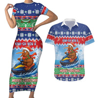 New Zealand Christmas Couples Matching Short Sleeve Bodycon Dress and Hawaiian Shirt Funny Jet Ride Kiwi Xmas LT05 Blue - Polynesian Pride