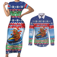 New Zealand Christmas Couples Matching Short Sleeve Bodycon Dress and Long Sleeve Button Shirt Funny Jet Ride Kiwi Xmas LT05 Blue - Polynesian Pride