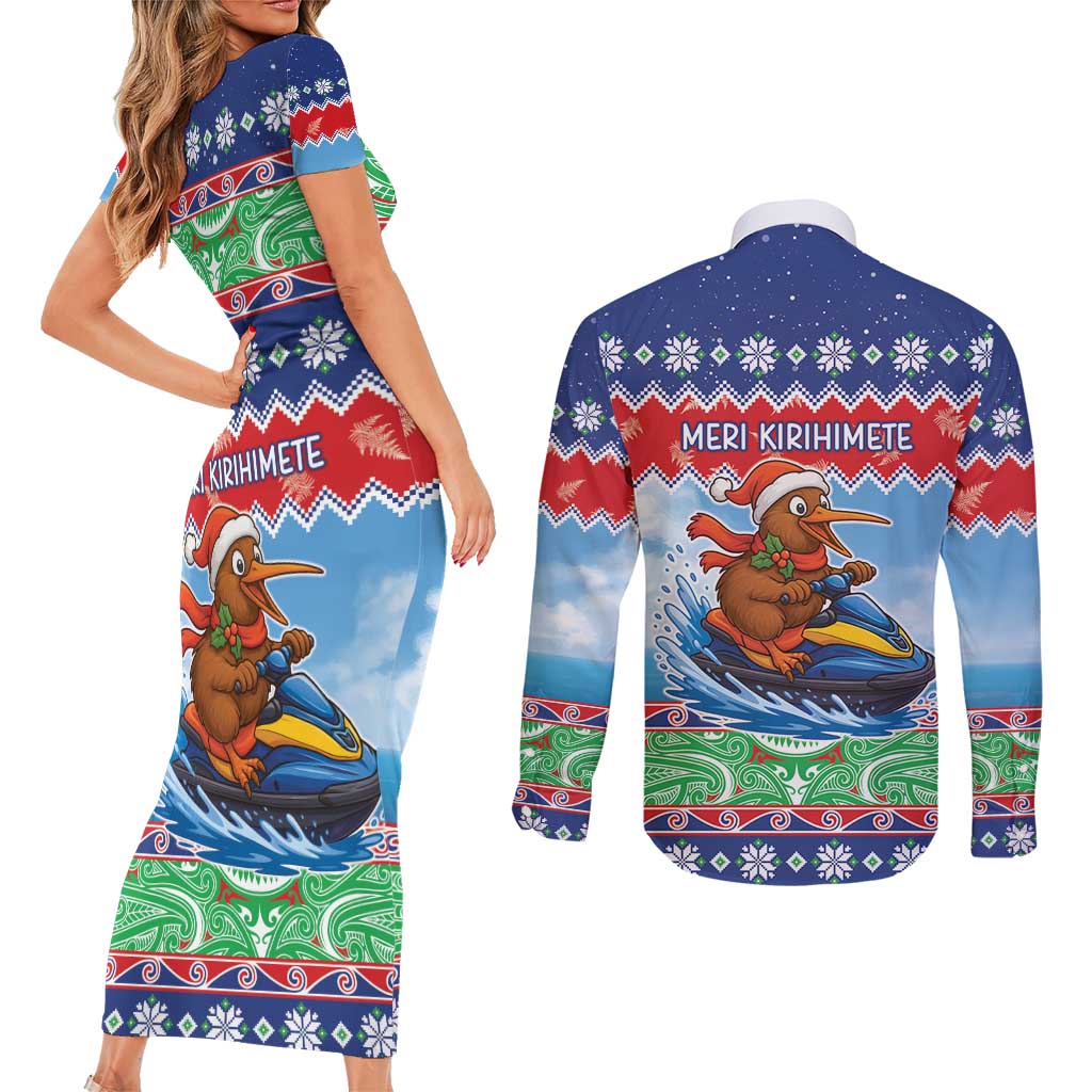 New Zealand Christmas Couples Matching Short Sleeve Bodycon Dress and Long Sleeve Button Shirt Funny Jet Ride Kiwi Xmas LT05 - Polynesian Pride