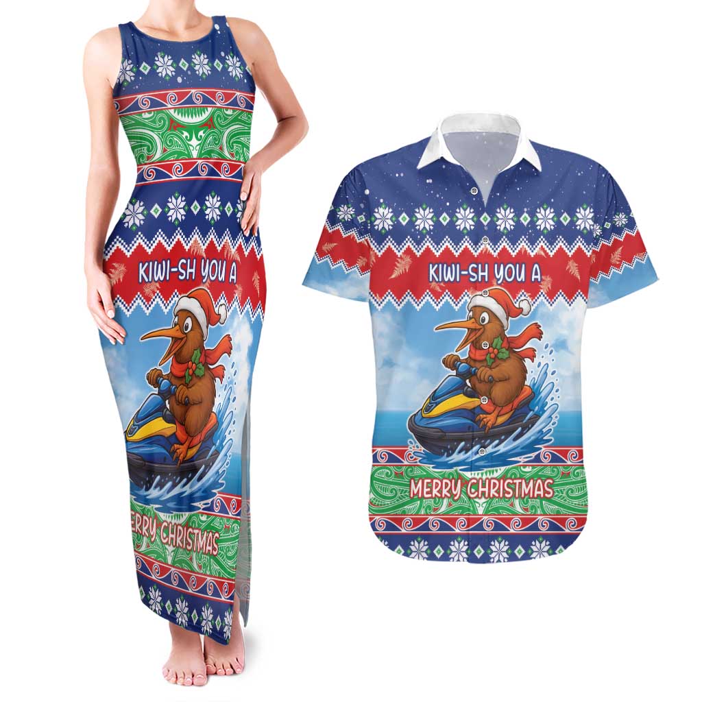 New Zealand Christmas Couples Matching Tank Maxi Dress and Hawaiian Shirt Funny Jet Ride Kiwi Xmas LT05 Blue - Polynesian Pride