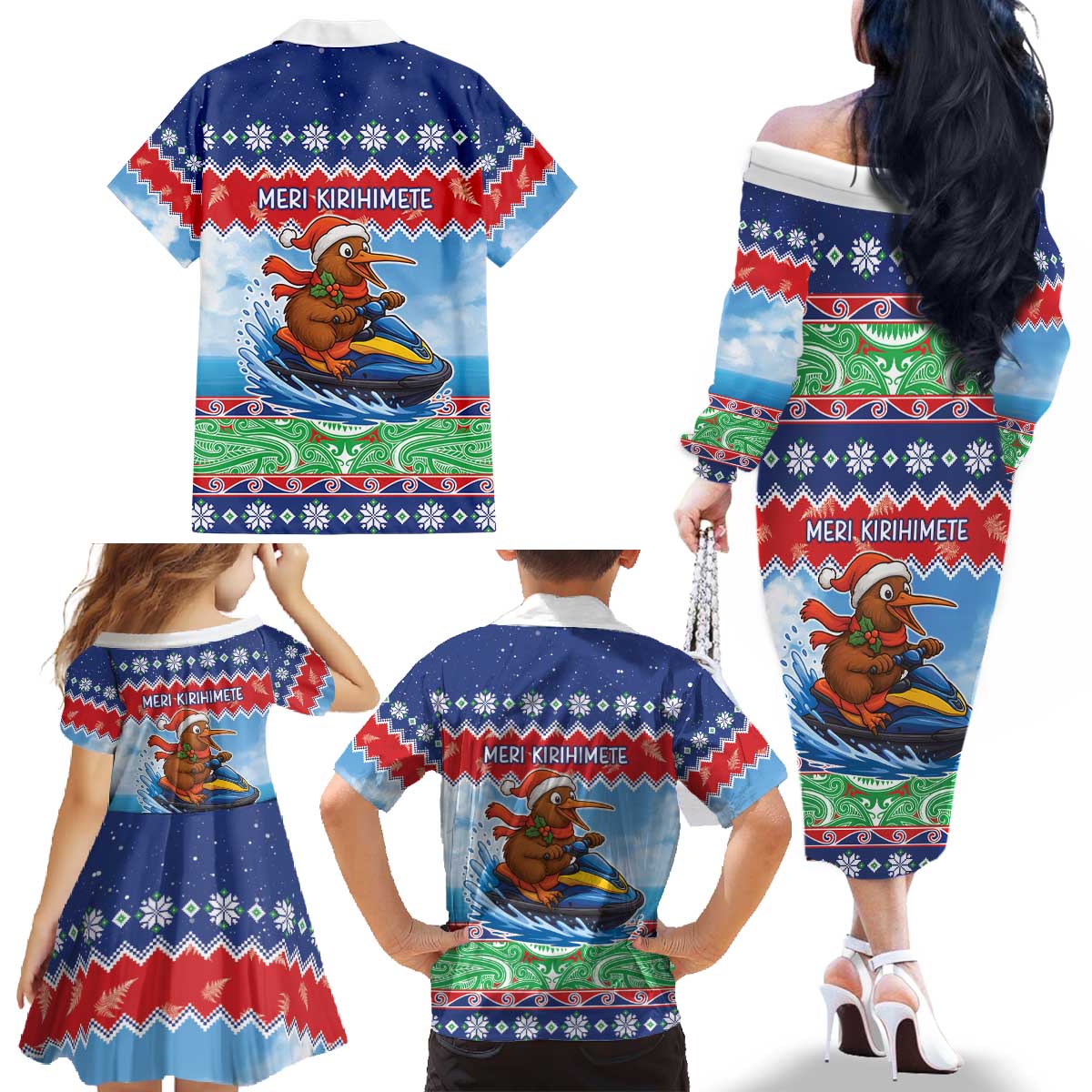 New Zealand Christmas Family Matching Off The Shoulder Long Sleeve Dress and Hawaiian Shirt Funny Jet Ride Kiwi Xmas LT05 - Polynesian Pride