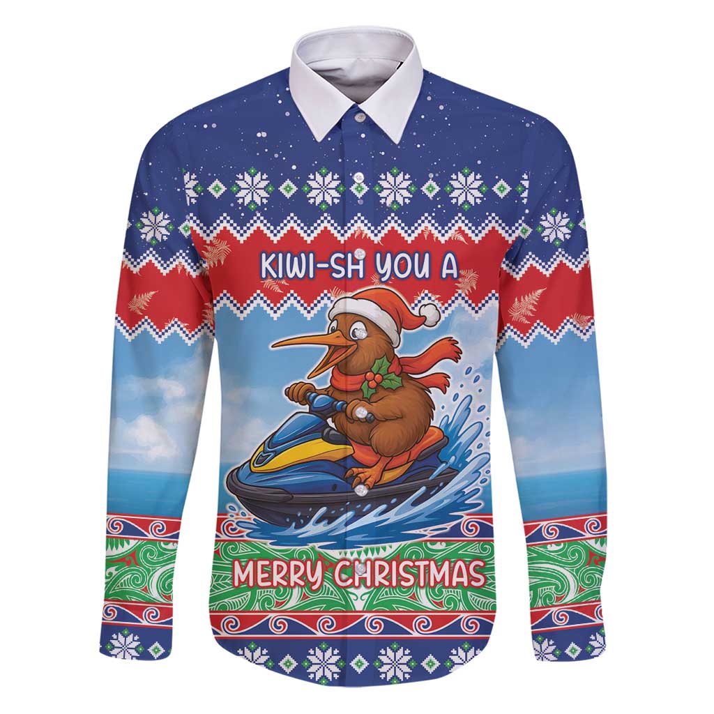 New Zealand Christmas Family Matching Puletasi and Hawaiian Shirt Funny Jet Ride Kiwi Xmas LT05 Dad's Shirt - Long Sleeve Blue - Polynesian Pride