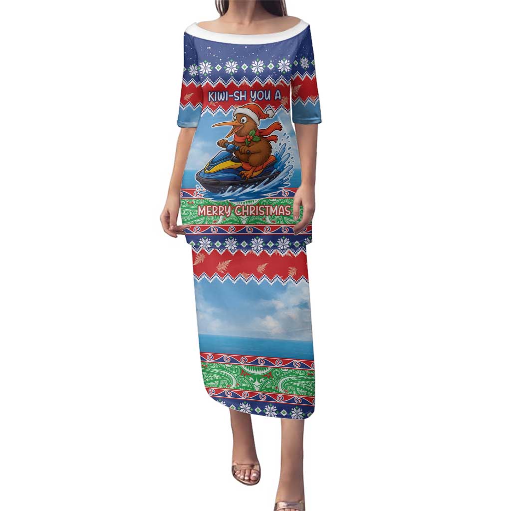 New Zealand Christmas Family Matching Puletasi and Hawaiian Shirt Funny Jet Ride Kiwi Xmas LT05 Mom's Dress Blue - Polynesian Pride