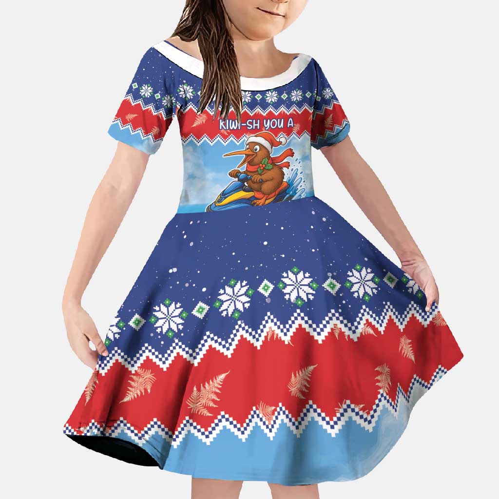 New Zealand Christmas Family Matching Short Sleeve Bodycon Dress and Hawaiian Shirt Funny Jet Ride Kiwi Xmas LT05 Daughter's Dress Blue - Polynesian Pride