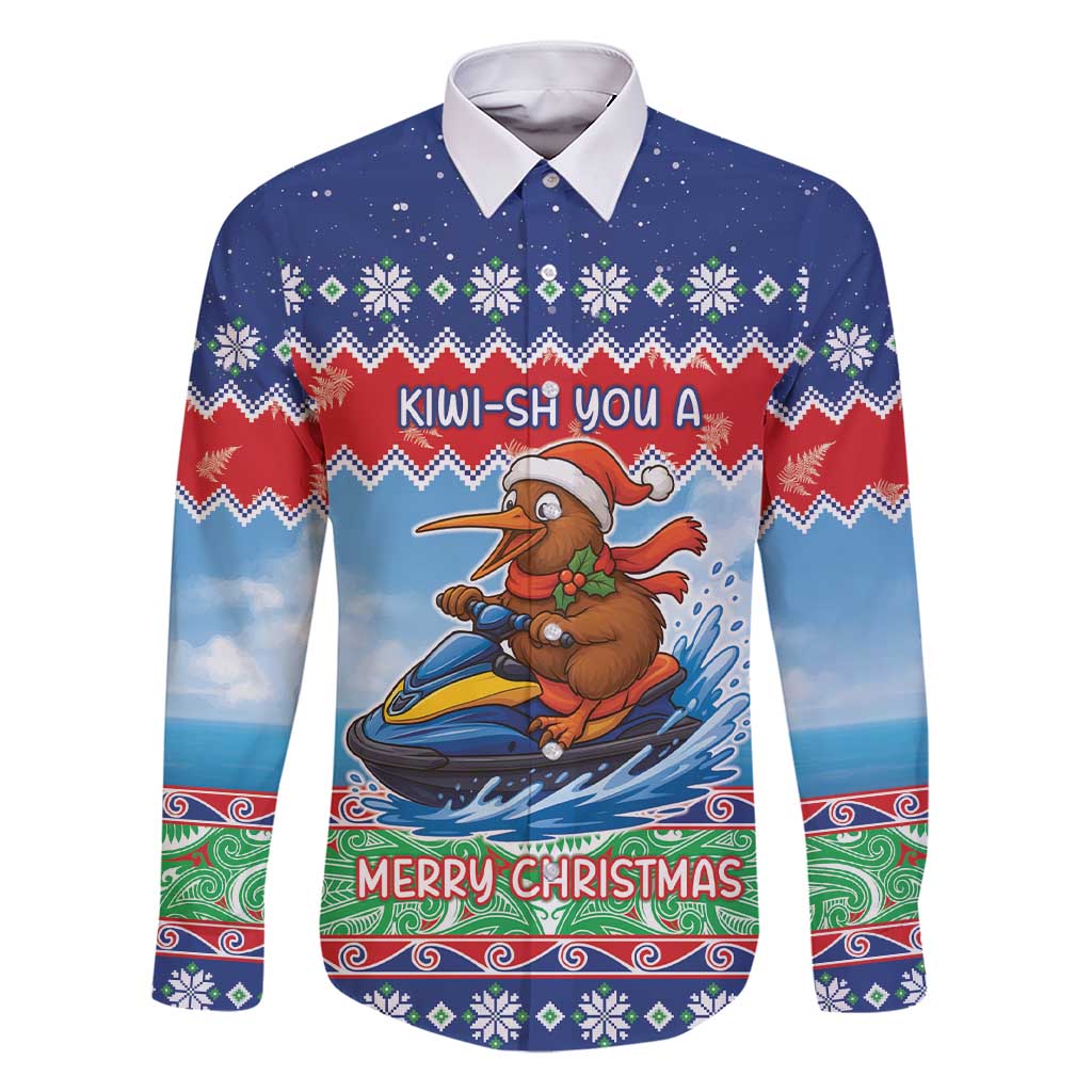 New Zealand Christmas Family Matching Short Sleeve Bodycon Dress and Hawaiian Shirt Funny Jet Ride Kiwi Xmas LT05 Dad's Shirt - Long Sleeve Blue - Polynesian Pride