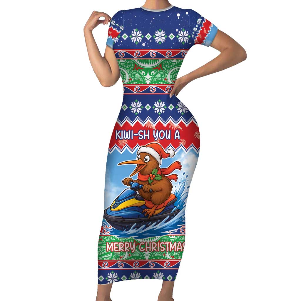 New Zealand Christmas Family Matching Short Sleeve Bodycon Dress and Hawaiian Shirt Funny Jet Ride Kiwi Xmas LT05 Mom's Dress Blue - Polynesian Pride