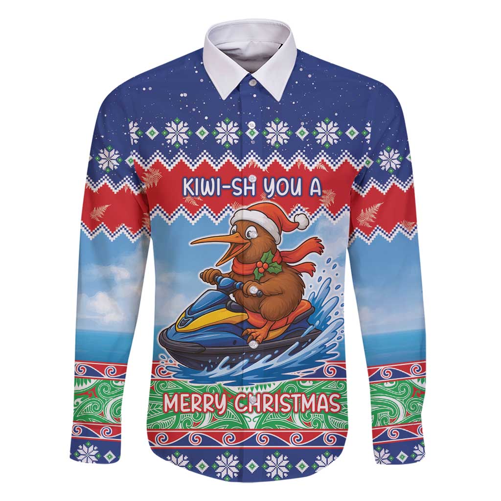 New Zealand Christmas Family Matching Tank Maxi Dress and Hawaiian Shirt Funny Jet Ride Kiwi Xmas LT05 Dad's Shirt - Long Sleeve Blue - Polynesian Pride