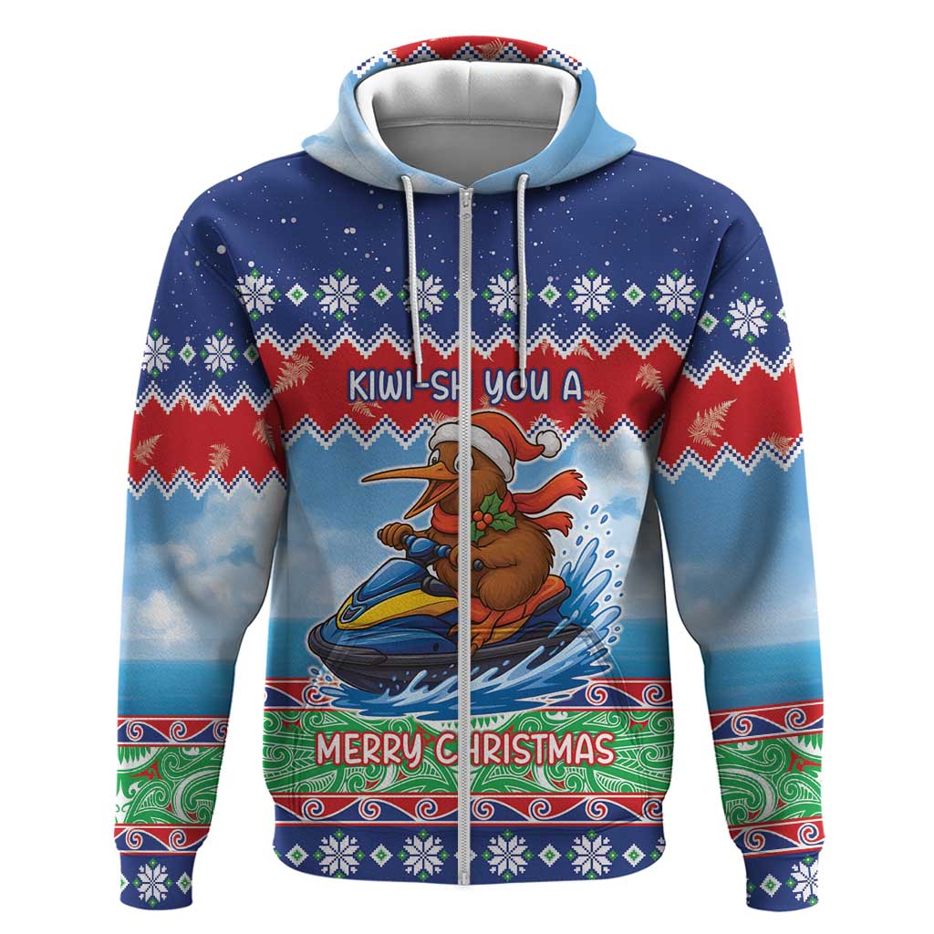 New Zealand Christmas Hoodie Funny Jet Ride Kiwi Xmas LT05 Zip Hoodie Blue - Polynesian Pride