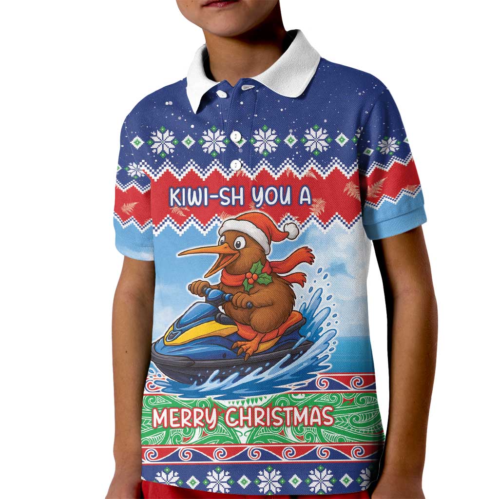 New Zealand Christmas Kid Polo Shirt Funny Jet Ride Kiwi Xmas LT05 Kid Blue - Polynesian Pride