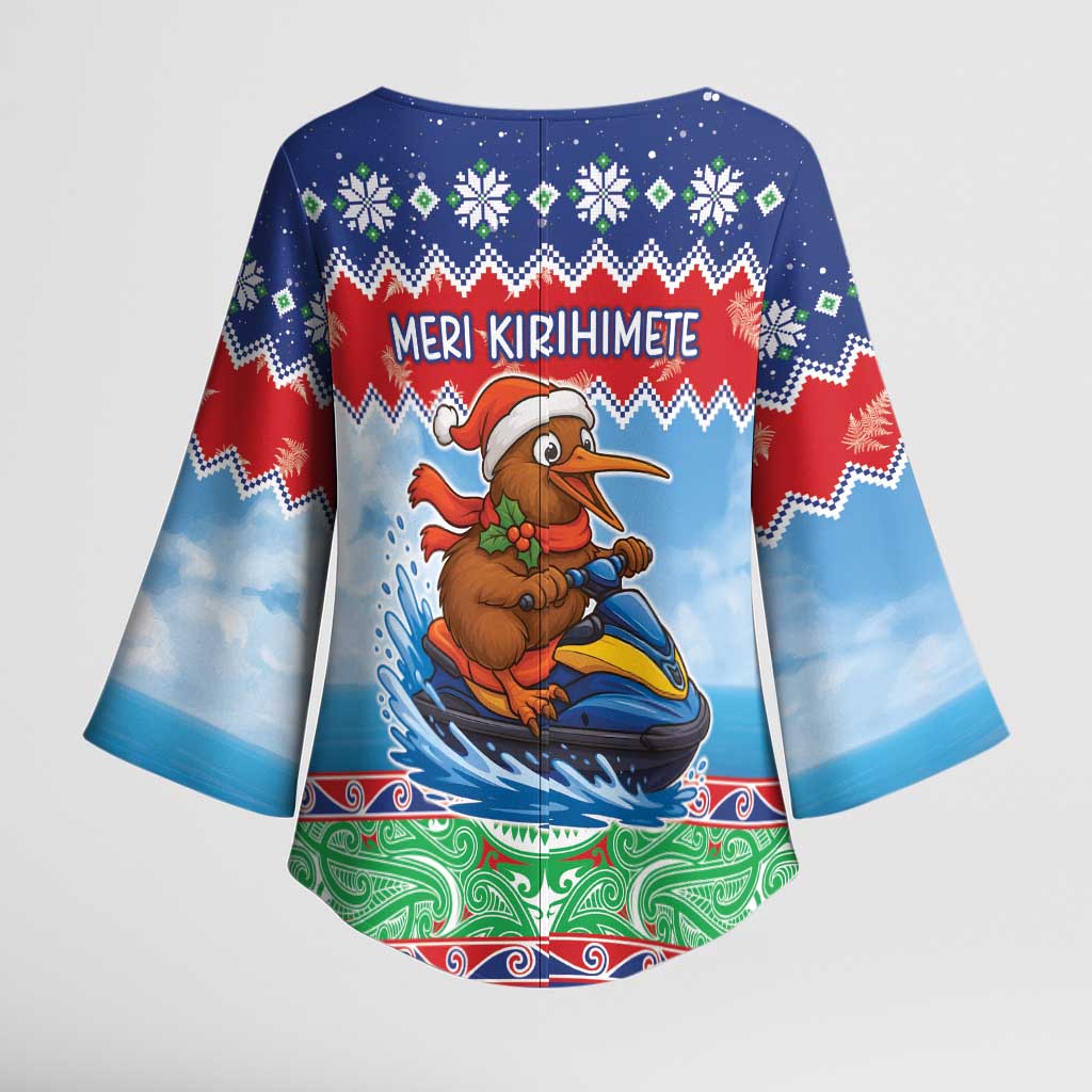 New Zealand Christmas Kimono Sleeve Blouse Funny Jet Ride Kiwi Xmas - Polynesian Pride