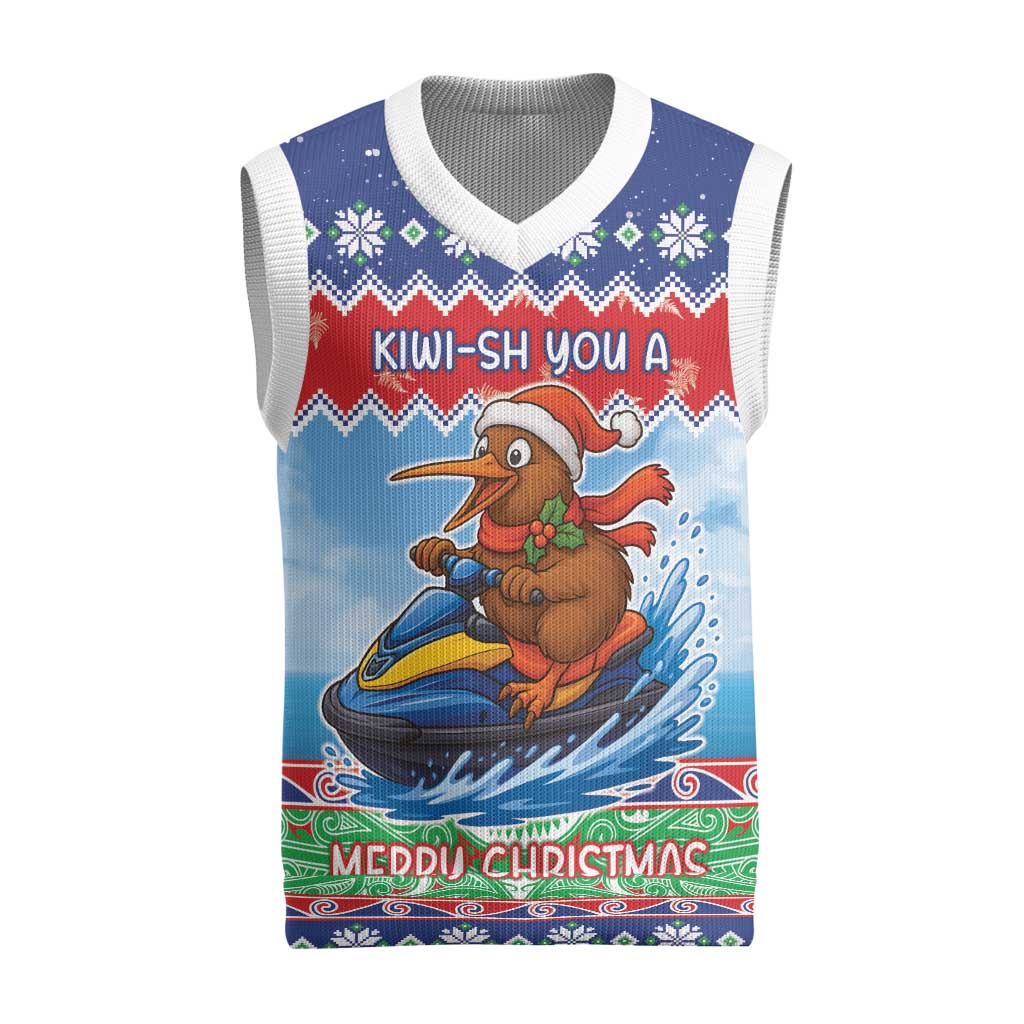 New Zealand Christmas Knitted V-Neck Vest Funny Jet Ride Kiwi Xmas LT05 Blue - Polynesian Pride