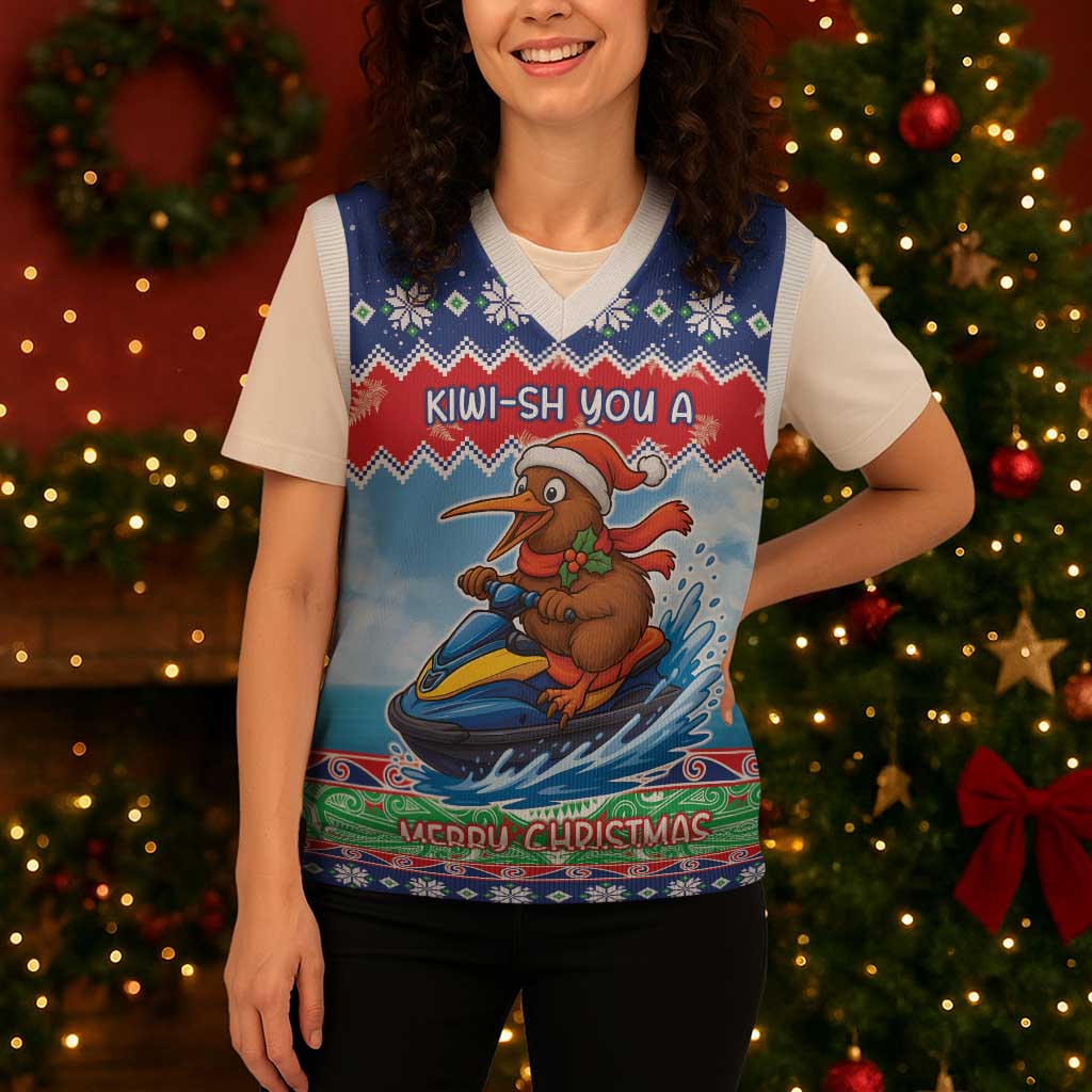 New Zealand Christmas Knitted V-Neck Vest Funny Jet Ride Kiwi Xmas LT05 - Polynesian Pride