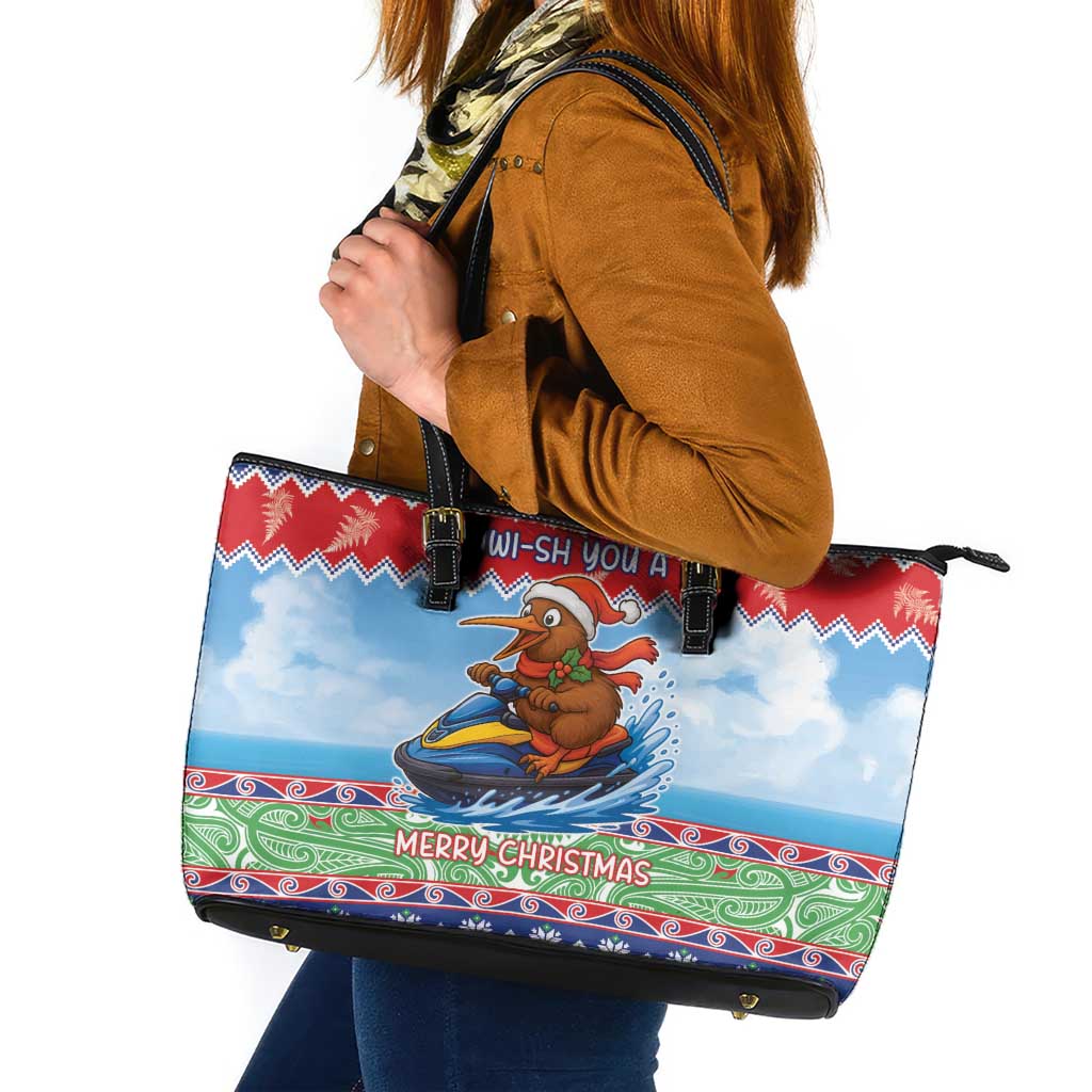 New Zealand Christmas Leather Tote Bag Funny Jet Ride Kiwi Xmas LT05 Blue - Polynesian Pride