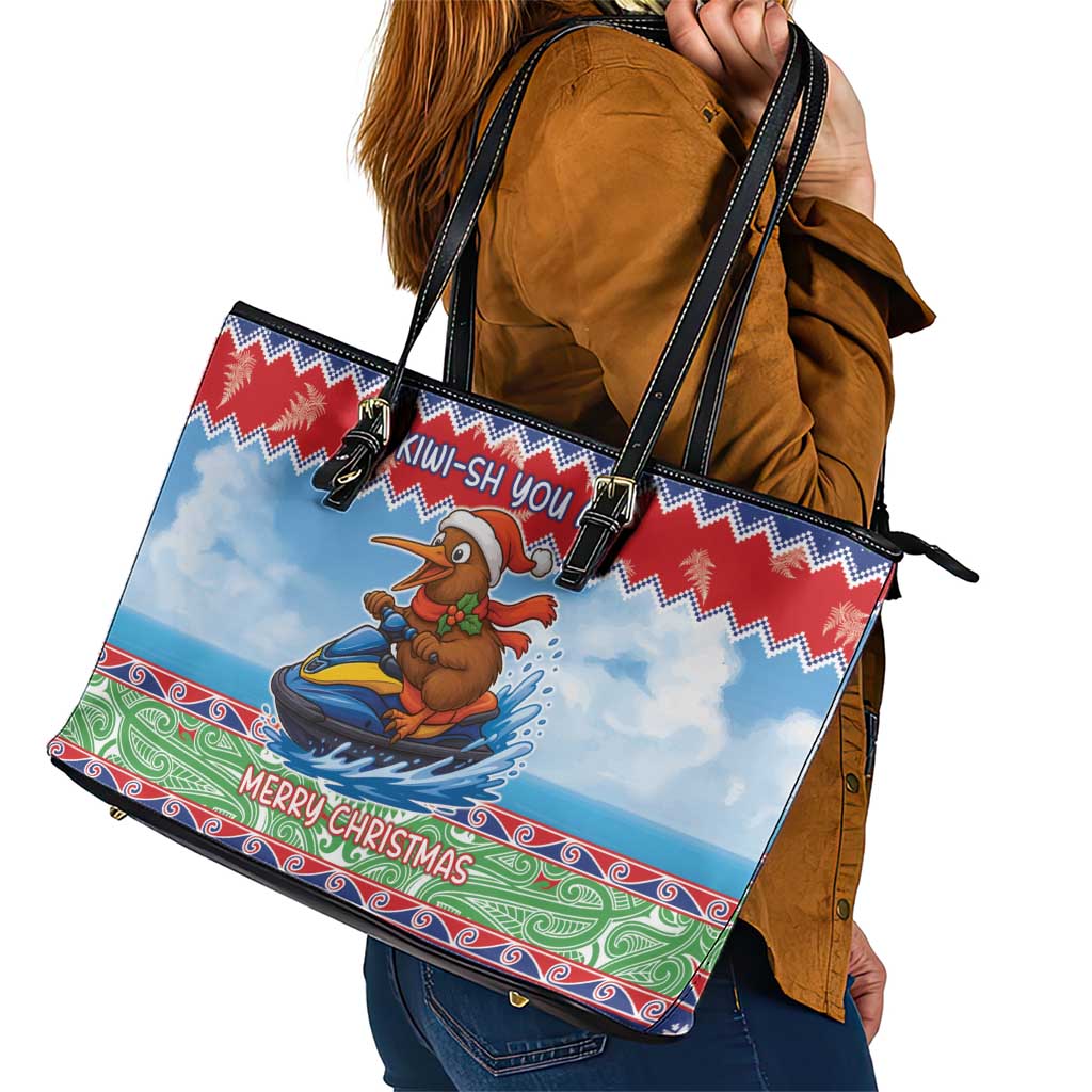 New Zealand Christmas Leather Tote Bag Funny Jet Ride Kiwi Xmas LT05 - Polynesian Pride