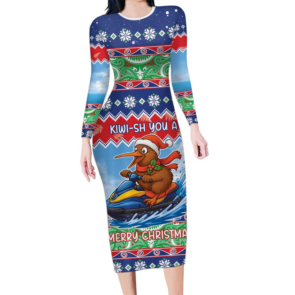 New Zealand Christmas Long Sleeve Bodycon Dress Funny Jet Ride Kiwi Xmas LT05 Long Dress Blue - Polynesian Pride