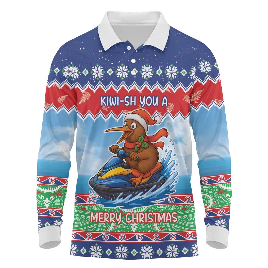 New Zealand Christmas Long Sleeve Polo Shirt Funny Jet Ride Kiwi Xmas LT05 Blue - Polynesian Pride