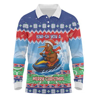 New Zealand Christmas Long Sleeve Polo Shirt Funny Jet Ride Kiwi Xmas LT05 Blue - Polynesian Pride