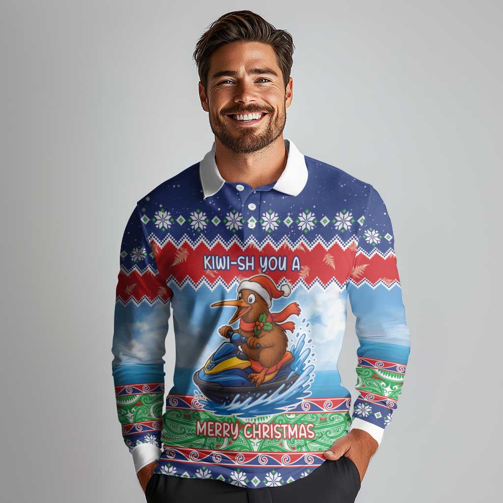 New Zealand Christmas Long Sleeve Polo Shirt Funny Jet Ride Kiwi Xmas LT05 - Polynesian Pride