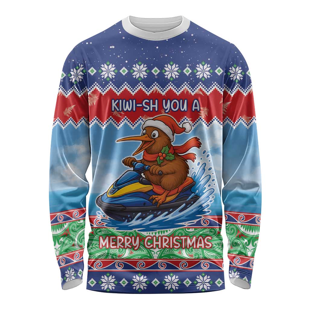 New Zealand Christmas Long Sleeve Shirt Funny Jet Ride Kiwi Xmas LT05 Unisex Blue - Polynesian Pride