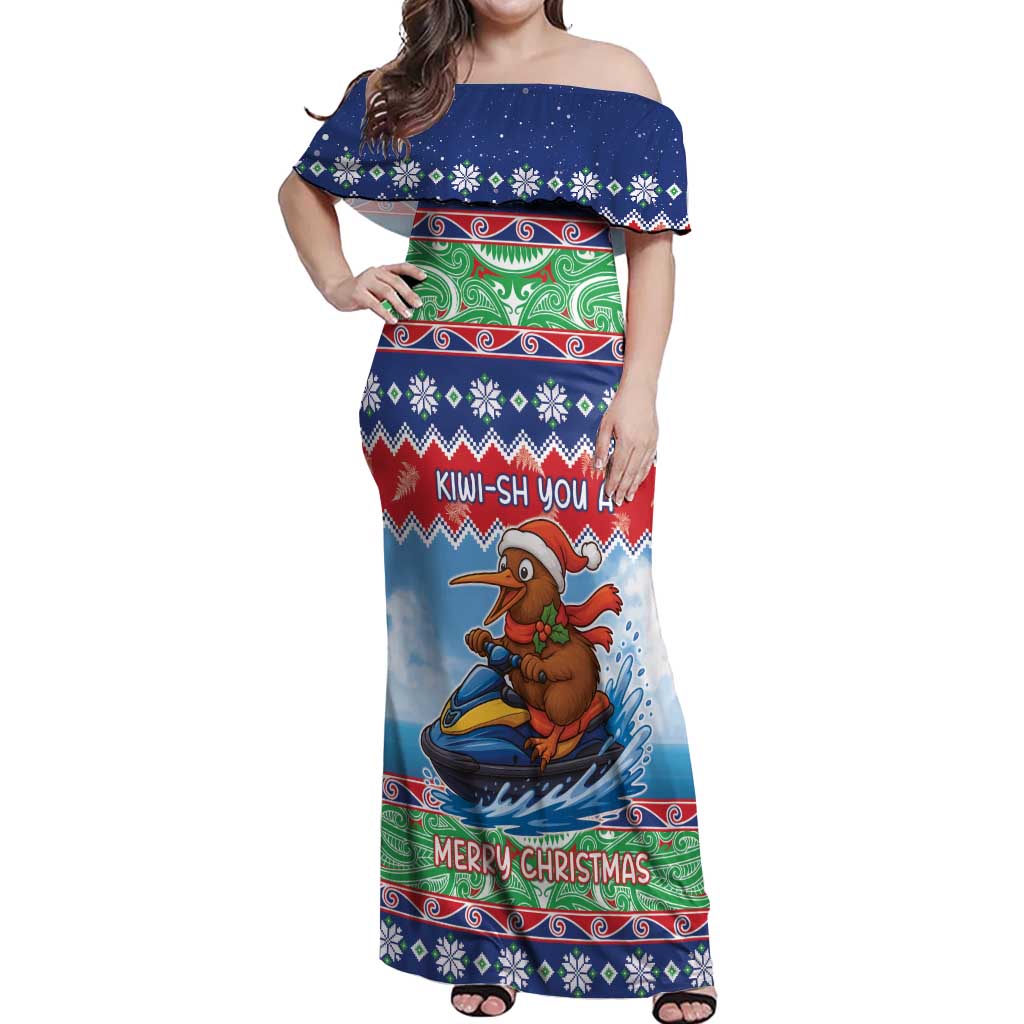 New Zealand Christmas Off Shoulder Maxi Dress Funny Jet Ride Kiwi Xmas LT05 Women Blue - Polynesian Pride