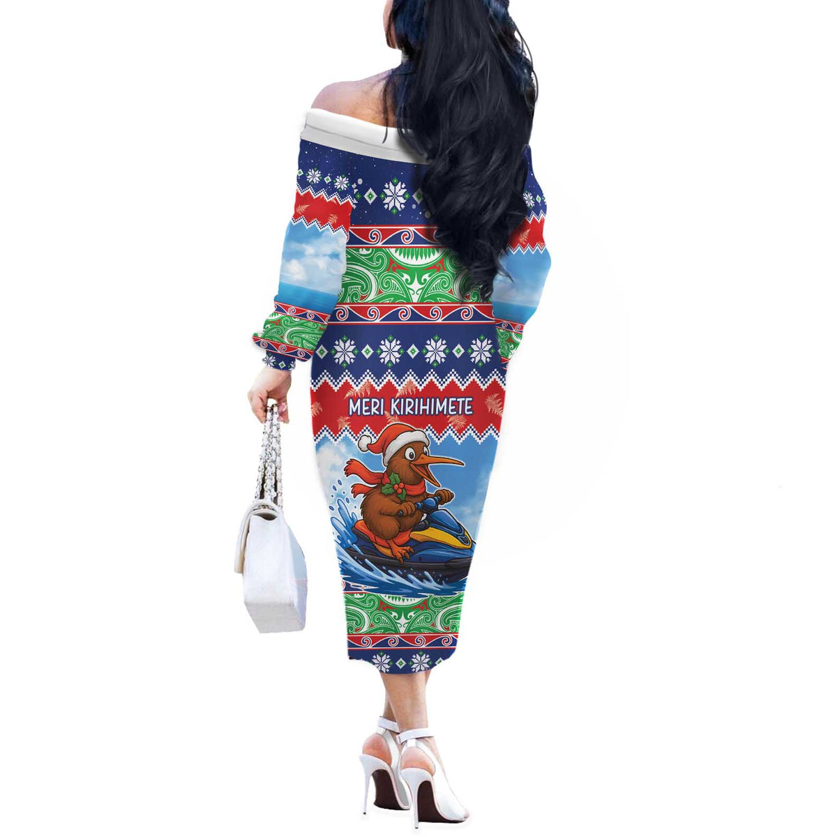 New Zealand Christmas Off The Shoulder Long Sleeve Dress Funny Jet Ride Kiwi Xmas LT05 - Polynesian Pride