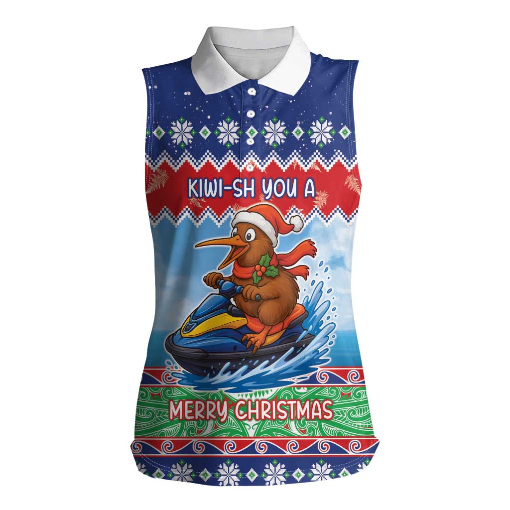 New Zealand Christmas Women Sleeveless Polo Shirt Funny Jet Ride Kiwi Xmas LT05 Female Blue - Polynesian Pride