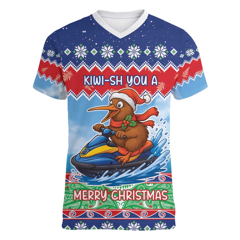 New Zealand Christmas Women V-Neck T-Shirt Funny Jet Ride Kiwi Xmas LT05 Female Blue - Polynesian Pride