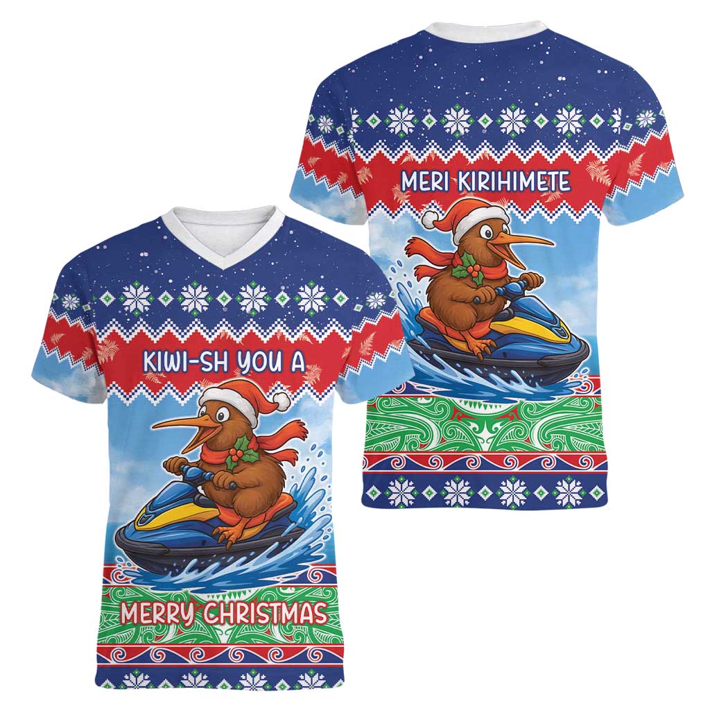 New Zealand Christmas Women V-Neck T-Shirt Funny Jet Ride Kiwi Xmas LT05 - Polynesian Pride
