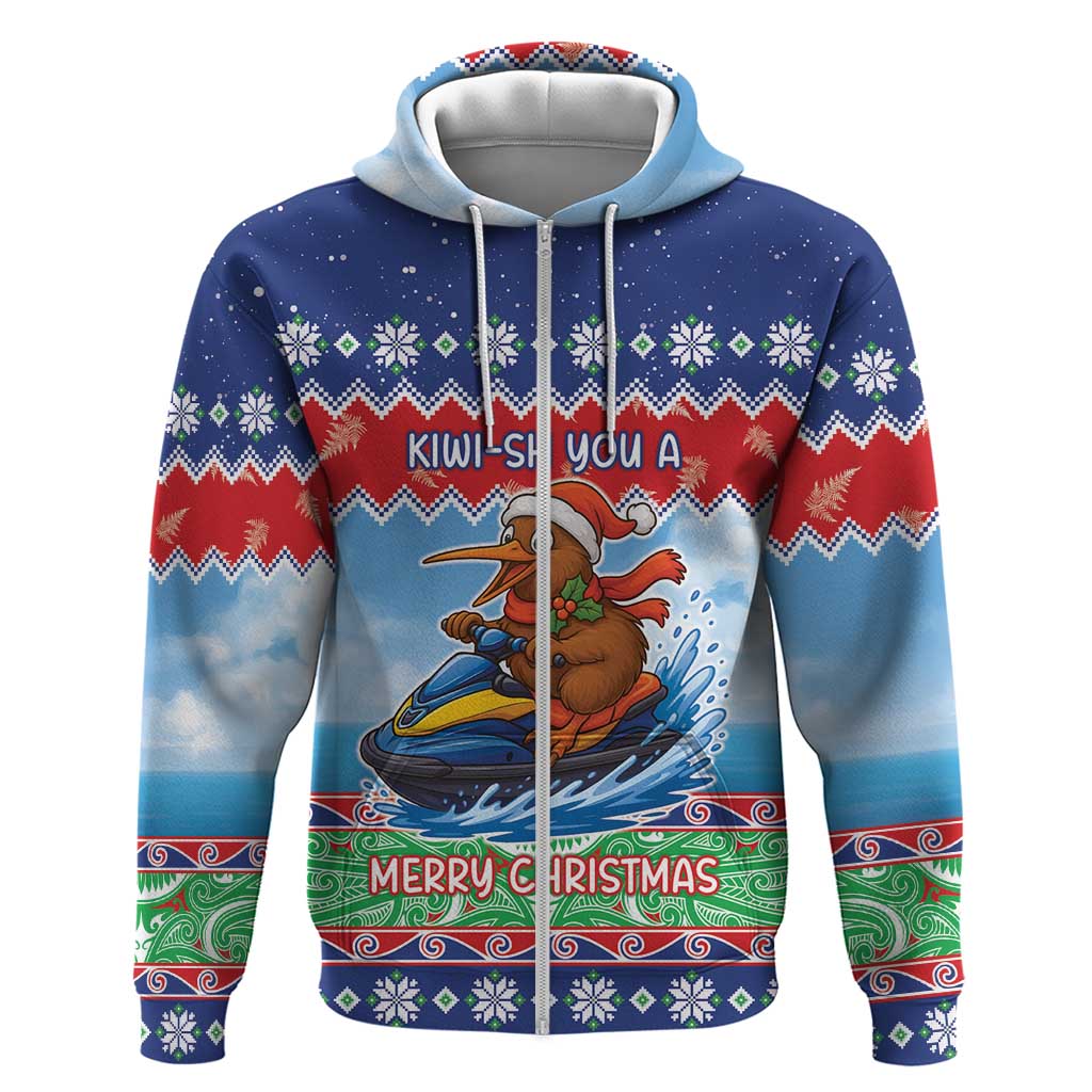 New Zealand Christmas Zip Hoodie Funny Jet Ride Kiwi Xmas LT05 Zip Hoodie Blue - Polynesian Pride