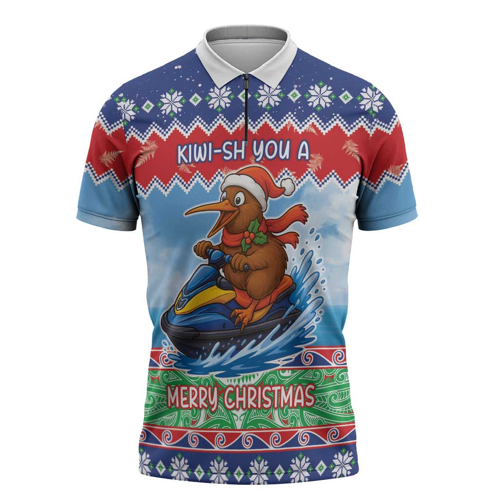 New Zealand Christmas Zipper Polo Shirt Funny Jet Ride Kiwi Xmas LT05 Blue - Polynesian Pride