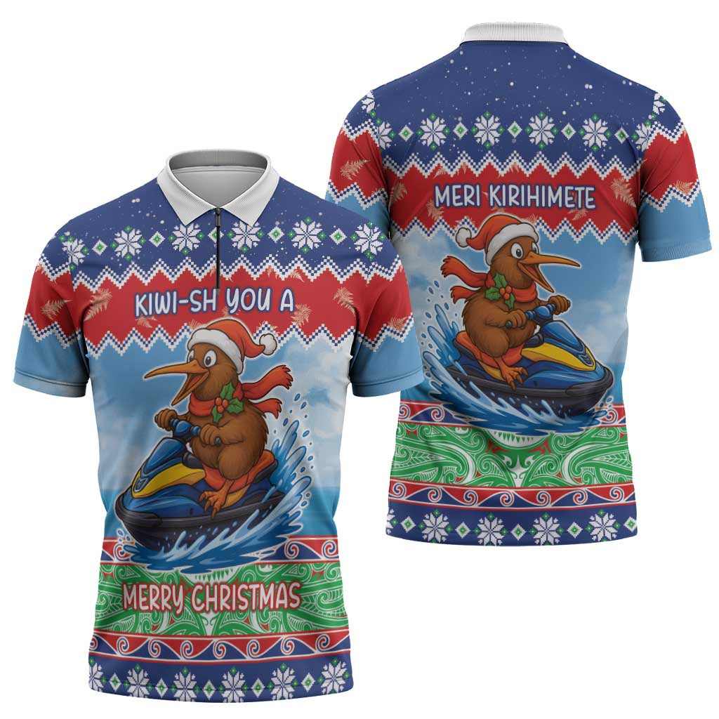 New Zealand Christmas Zipper Polo Shirt Funny Jet Ride Kiwi Xmas LT05 - Polynesian Pride