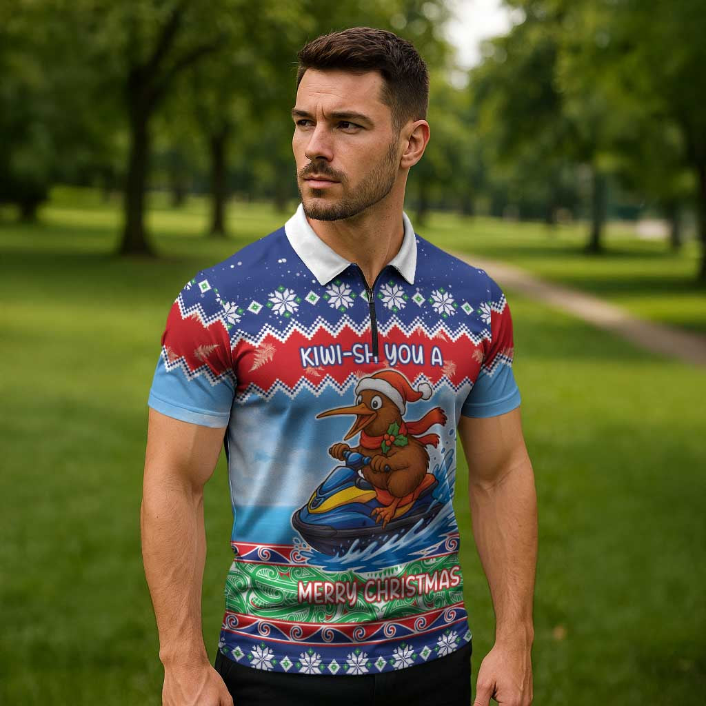 New Zealand Christmas Zipper Polo Shirt Funny Jet Ride Kiwi Xmas LT05 - Polynesian Pride