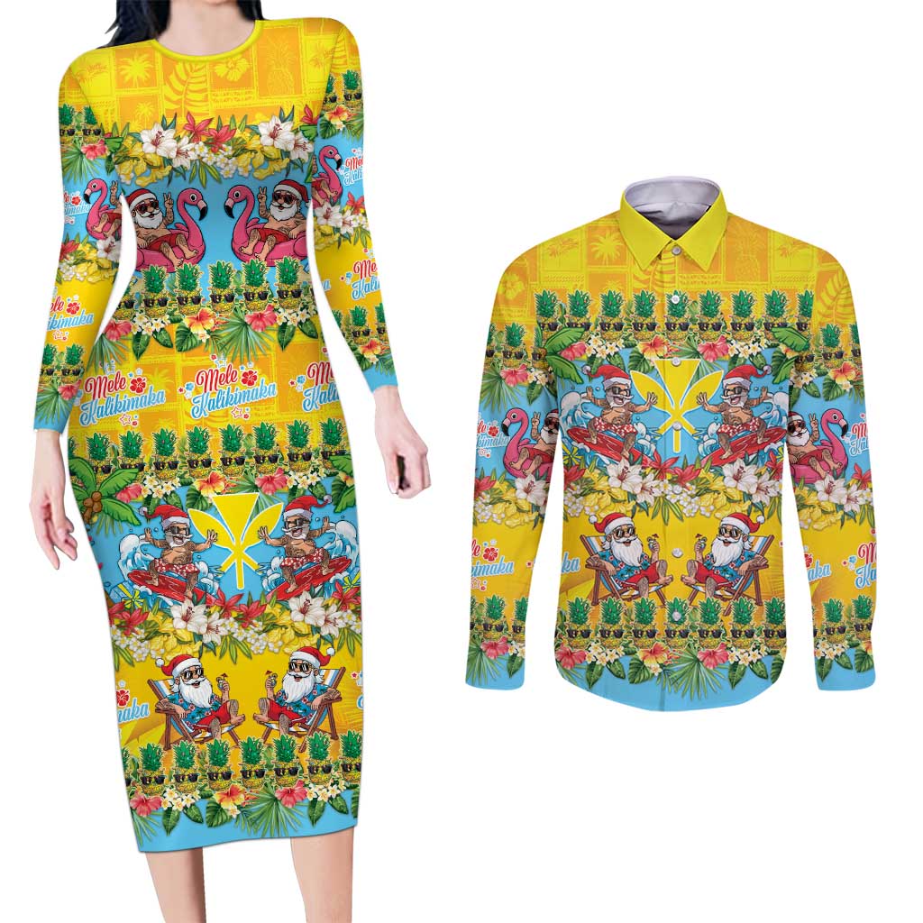 Hawaii Christmas Couples Matching Long Sleeve Bodycon Dress and Long Sleeve Button Shirt Mele Kalikimaka Tropical Vibes LT05 Colorful - Polynesian Pride