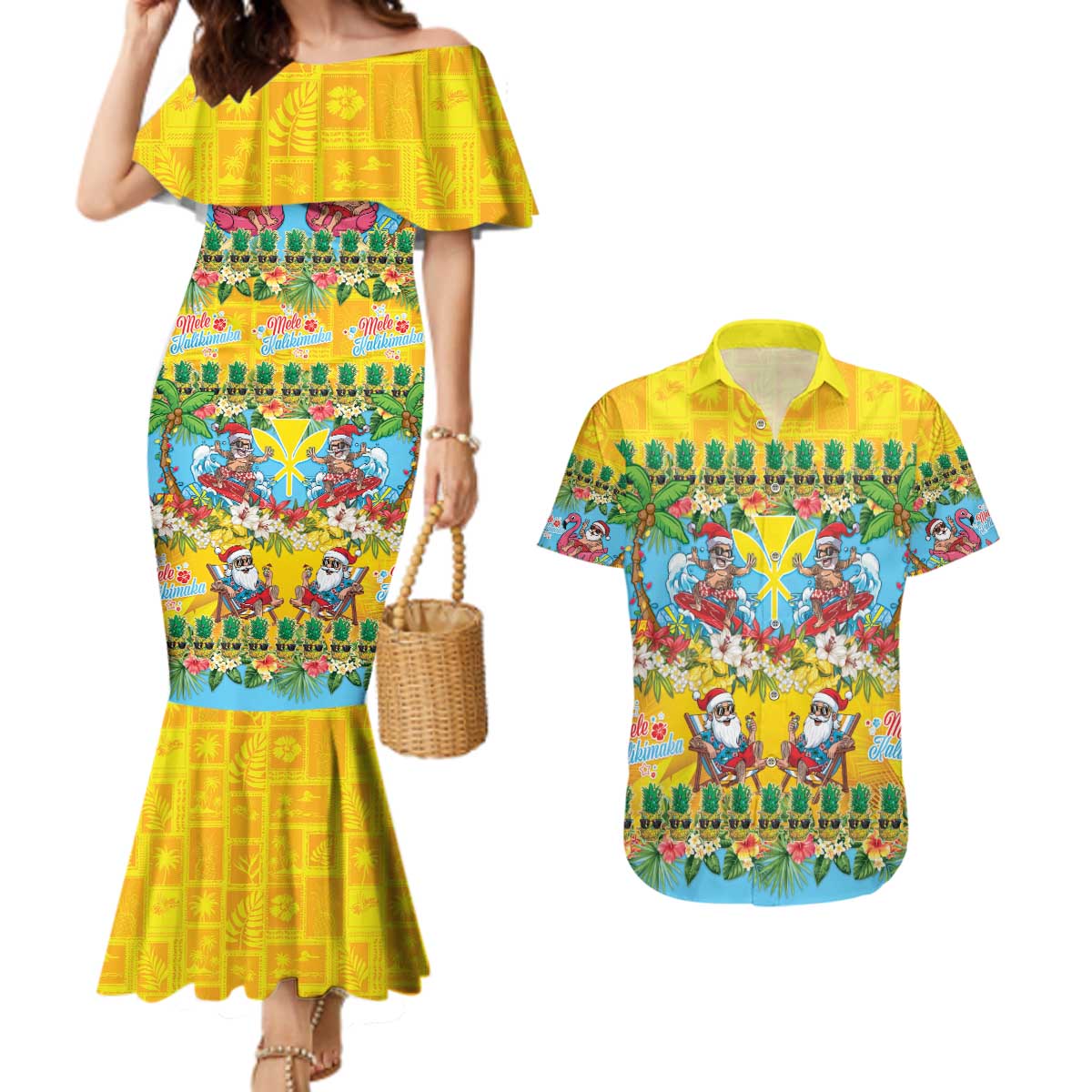 Hawaii Christmas Couples Matching Mermaid Dress and Hawaiian Shirt Mele Kalikimaka Tropical Vibes LT05 Colorful - Polynesian Pride