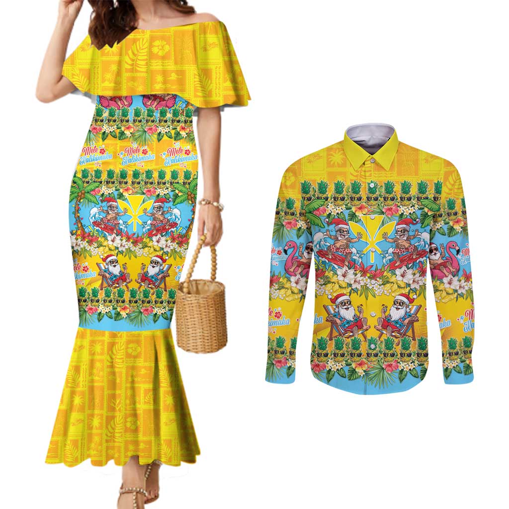 Hawaii Christmas Couples Matching Mermaid Dress and Long Sleeve Button Shirt Mele Kalikimaka Tropical Vibes - Polynesian Pride