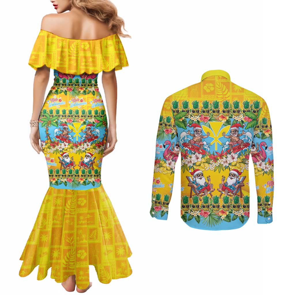 Hawaii Christmas Couples Matching Mermaid Dress and Long Sleeve Button Shirt Mele Kalikimaka Tropical Vibes LT05 - Polynesian Pride