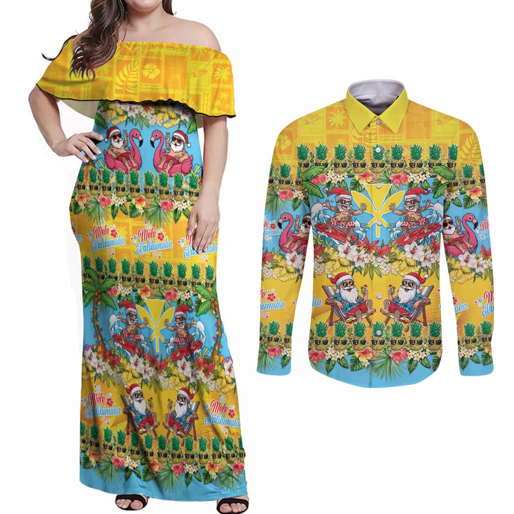 Hawaii Christmas Couples Matching Off Shoulder Maxi Dress and Long Sleeve Button Shirt Mele Kalikimaka Tropical Vibes LT05 Colorful - Polynesian Pride