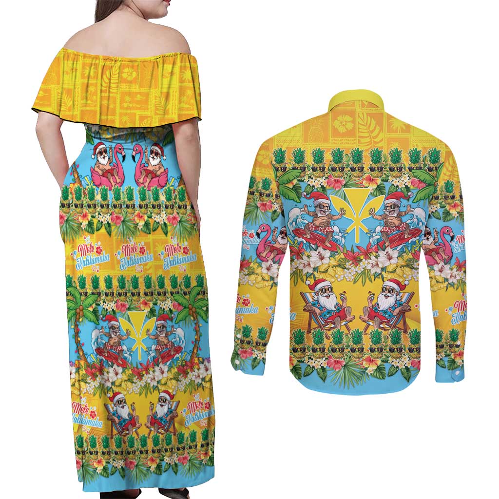 Hawaii Christmas Couples Matching Off Shoulder Maxi Dress and Long Sleeve Button Shirt Mele Kalikimaka Tropical Vibes LT05 - Polynesian Pride
