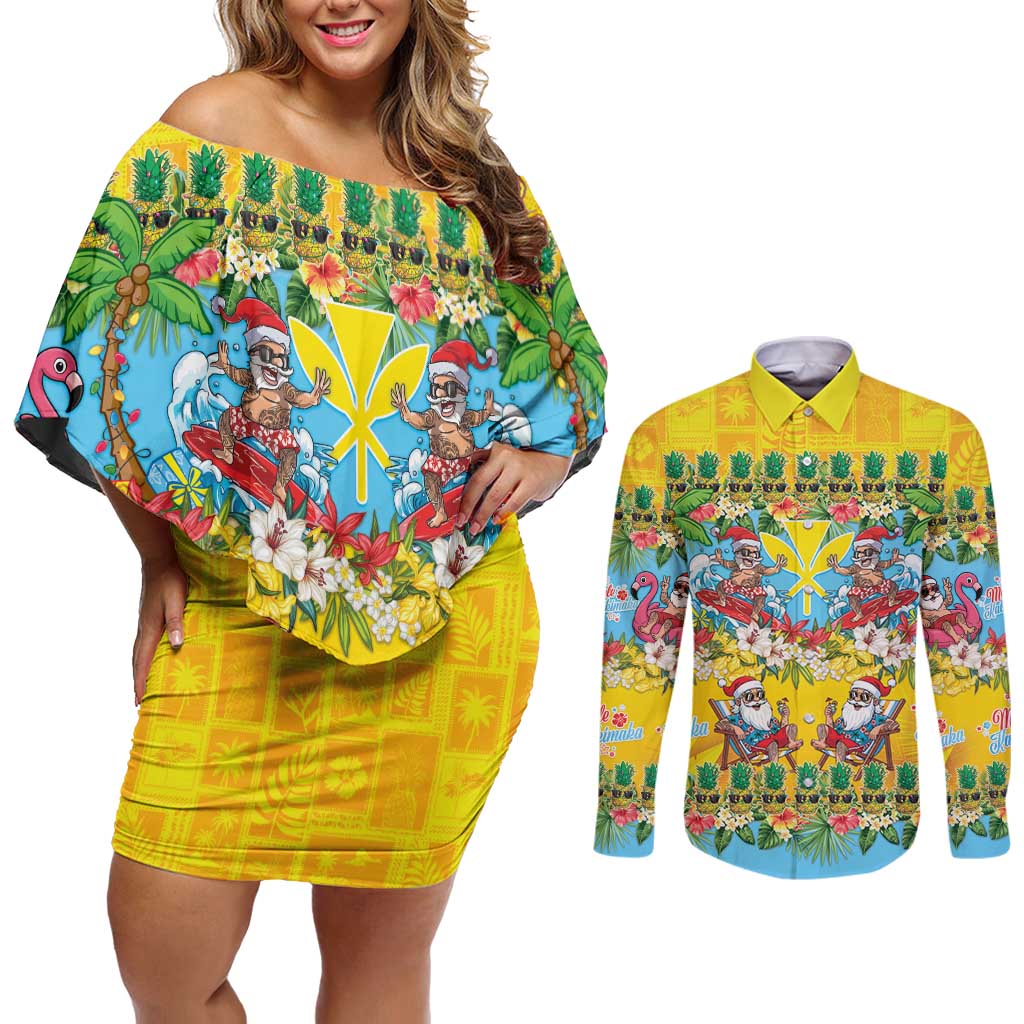 Hawaii Christmas Couples Matching Off Shoulder Short Dress and Long Sleeve Button Shirt Mele Kalikimaka Tropical Vibes LT05 Colorful - Polynesian Pride