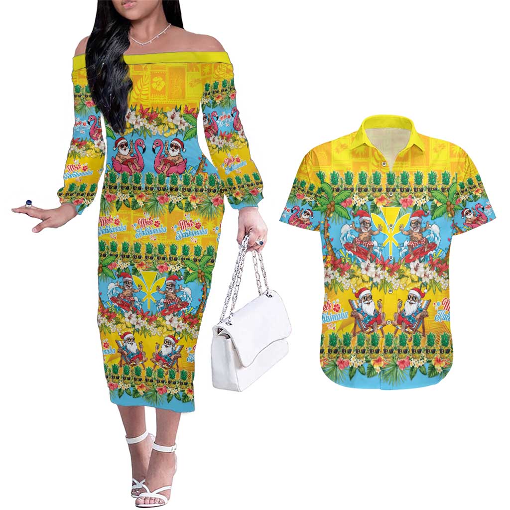 Hawaii Christmas Couples Matching Off The Shoulder Long Sleeve Dress and Hawaiian Shirt Mele Kalikimaka Tropical Vibes LT05 Colorful - Polynesian Pride