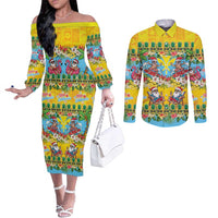 Hawaii Christmas Couples Matching Off The Shoulder Long Sleeve Dress and Long Sleeve Button Shirt Mele Kalikimaka Tropical Vibes LT05 Colorful - Polynesian Pride