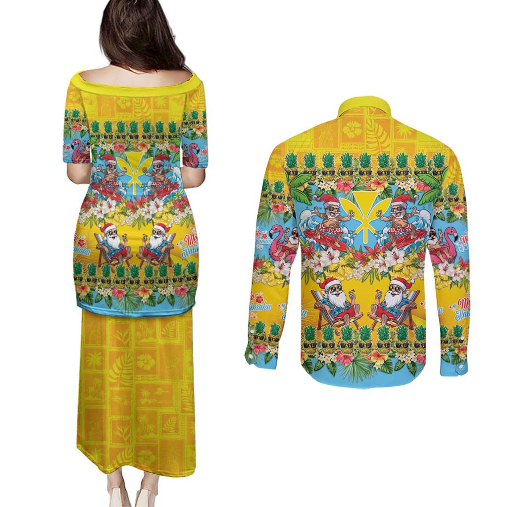 Hawaii Christmas Couples Matching Puletasi and Long Sleeve Button Shirt Mele Kalikimaka Tropical Vibes - Polynesian Pride