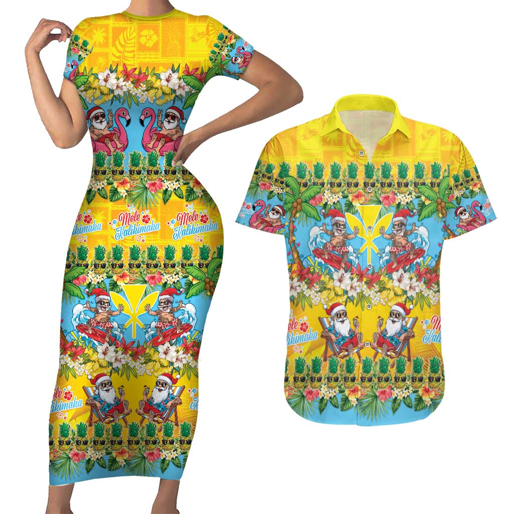 Hawaii Christmas Couples Matching Short Sleeve Bodycon Dress and Hawaiian Shirt Mele Kalikimaka Tropical Vibes LT05 Colorful - Polynesian Pride