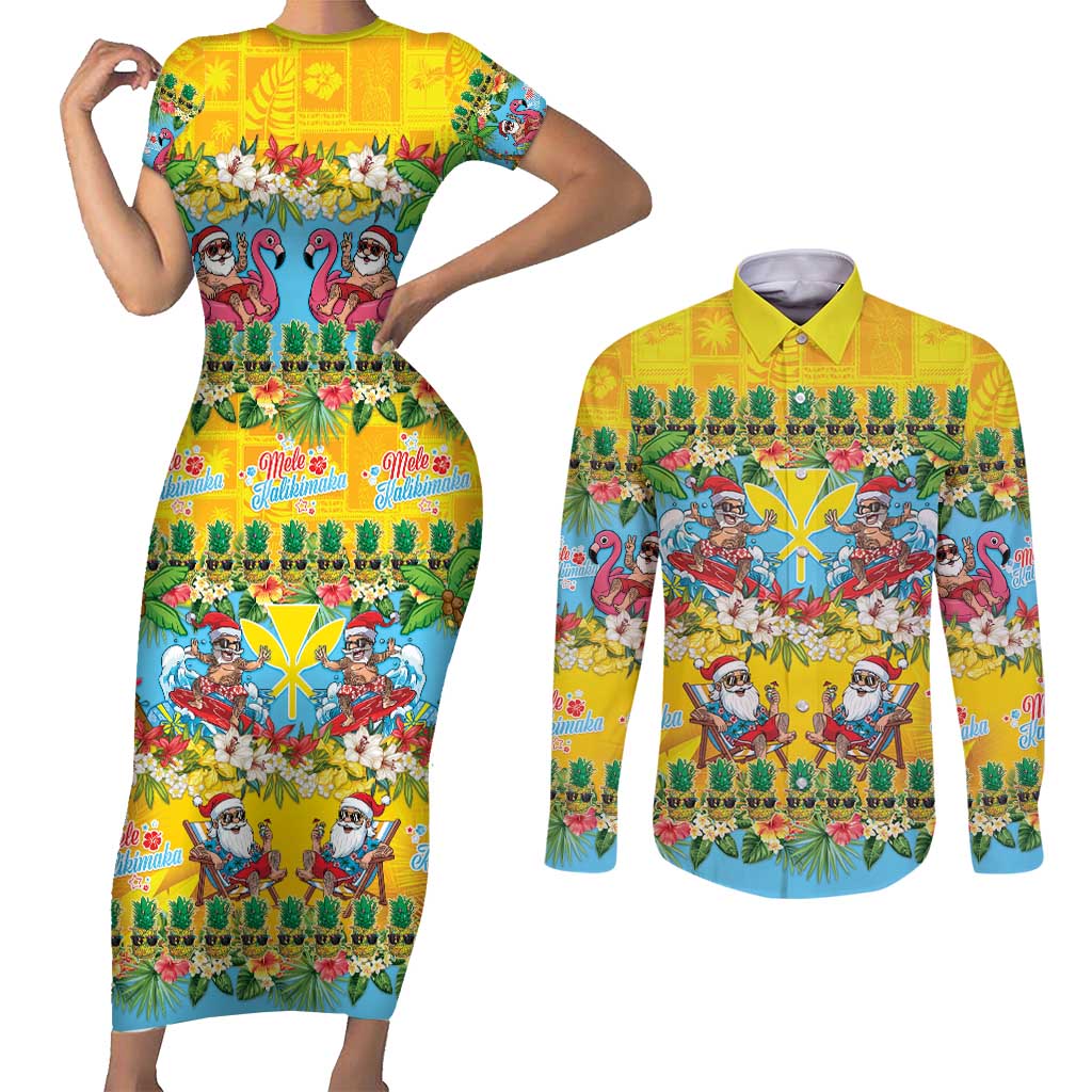 Hawaii Christmas Couples Matching Short Sleeve Bodycon Dress and Long Sleeve Button Shirt Mele Kalikimaka Tropical Vibes LT05 Colorful - Polynesian Pride