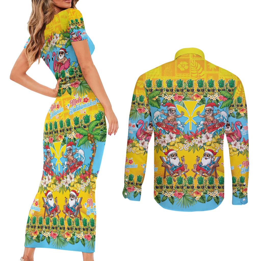 Hawaii Christmas Couples Matching Short Sleeve Bodycon Dress and Long Sleeve Button Shirt Mele Kalikimaka Tropical Vibes LT05 - Polynesian Pride